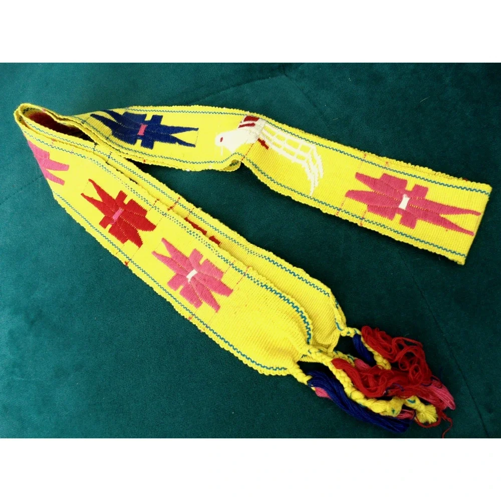 Vtg Guatemalan Faja Sash Belt Hand-Woven Embroidery Birds Stars Boho Folk Art